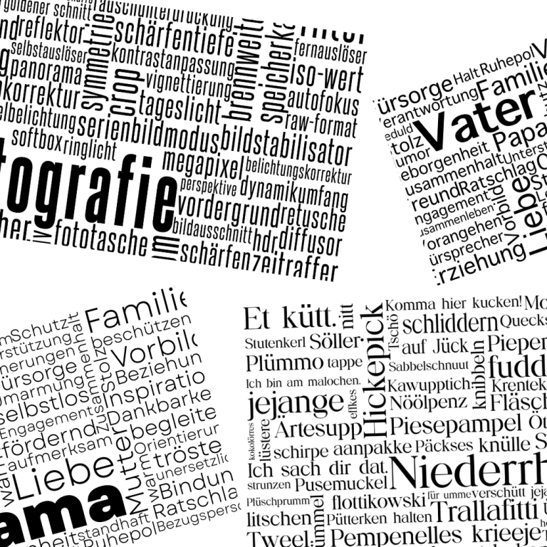 Ansammlung von Wortwolkendesigns u.a. Fotografie, Mama, Papa und Niederrhein