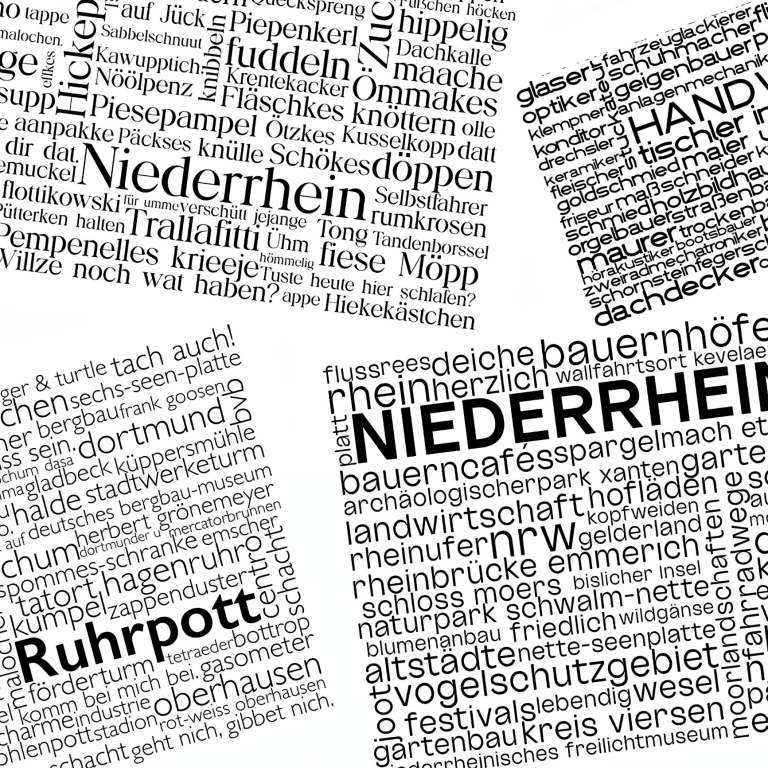 Ansammlung von Wortwolkendesign u.a. Niederrhein, Handwerk und Ruhrpott